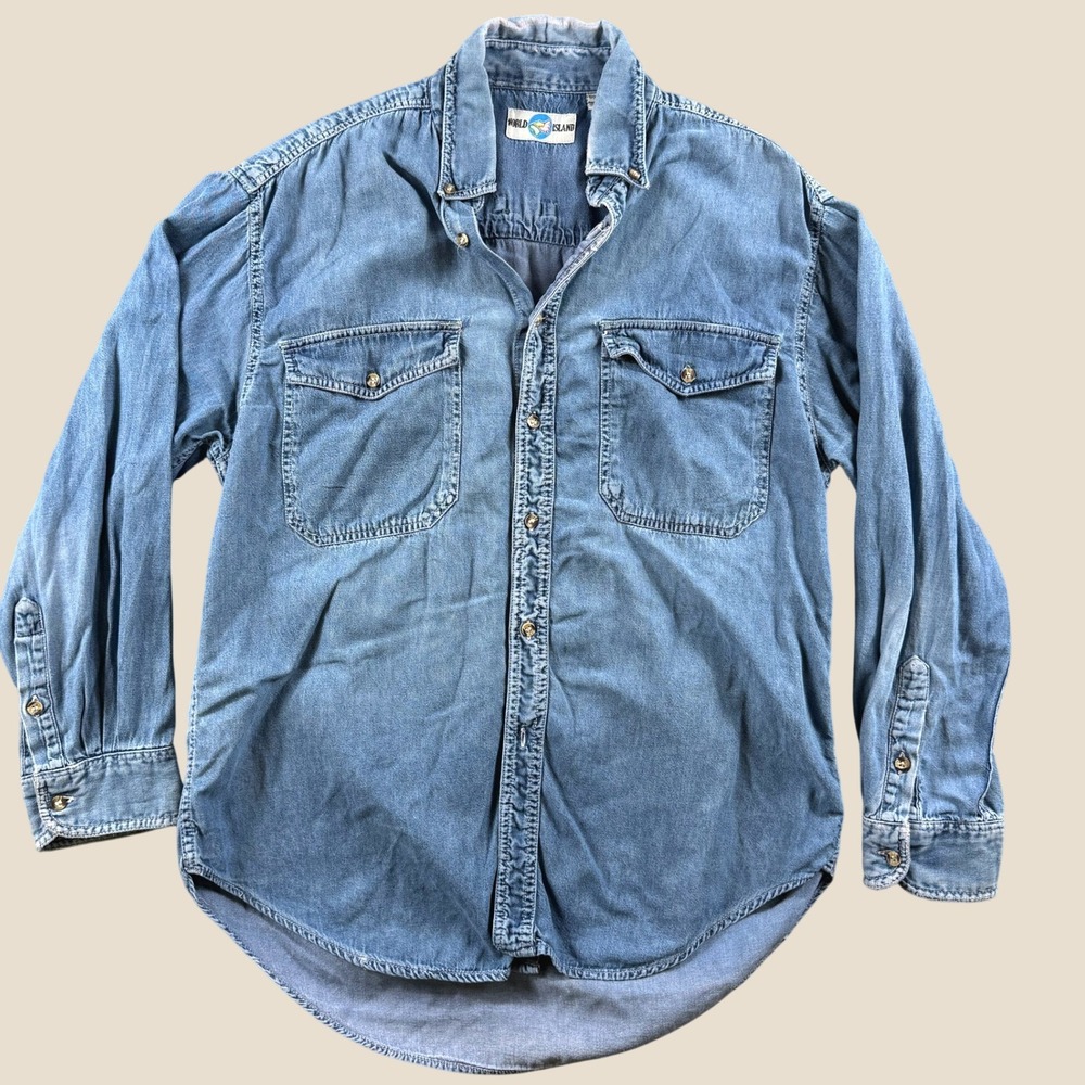 Vintage World Island Denim Shirt Women M Blue Long Sleeve Button Up Workwear Top